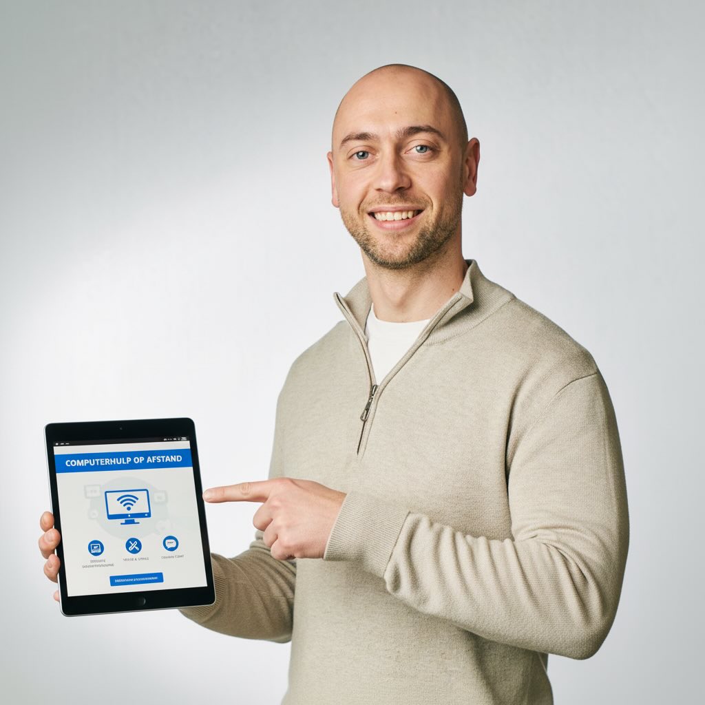 Siemen van DigiSiem houdt een tablet vast met computerhulp op afstand.