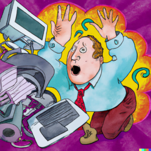 a cartoon character of a man wearing a blue shirt and red trousers looking distressed in front of computer screens