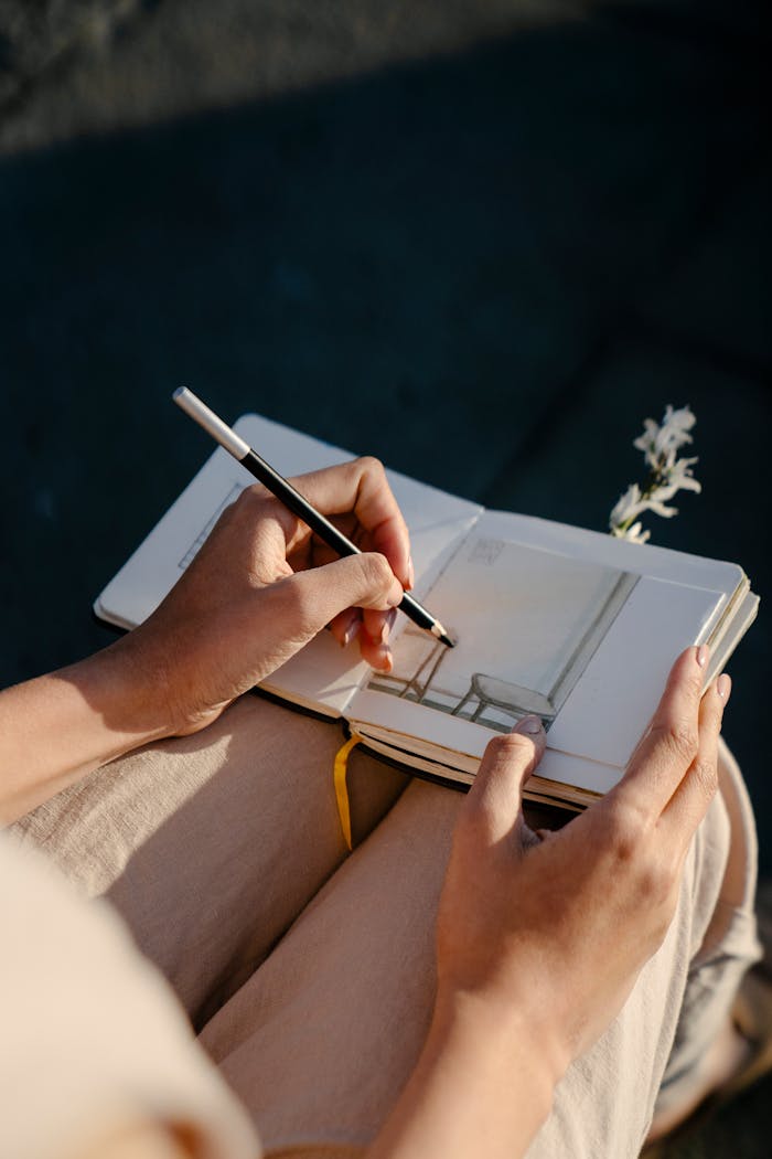 From above of crop unrecognizable female designer drawing furniture with pencil in notepad on sunny day