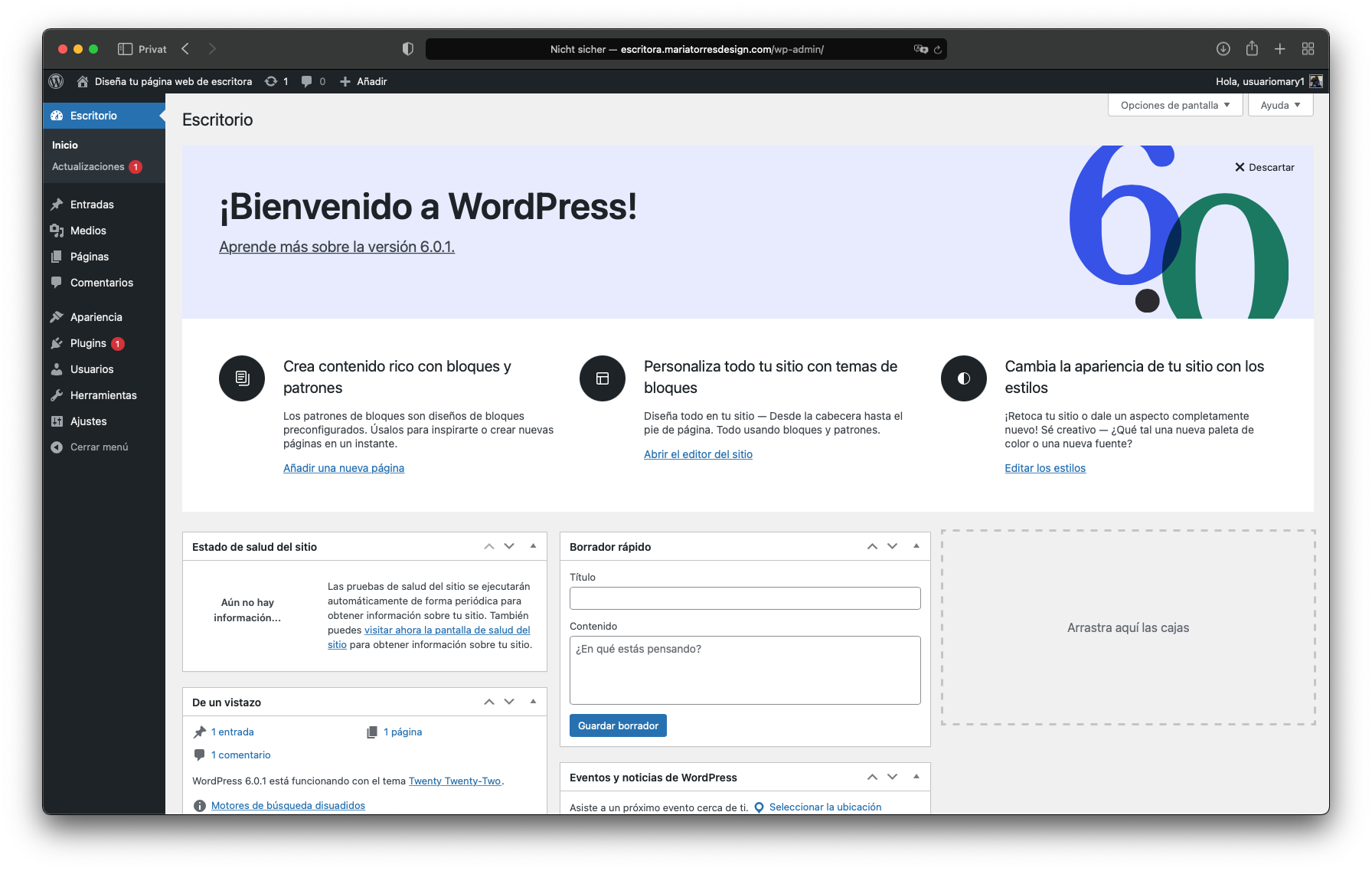 interfaz de wordpress escritorio