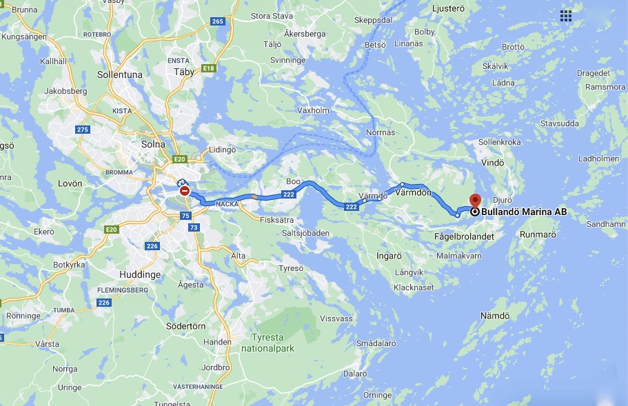 Karta. Resväg från Stockholm till östra Värmdö och Bullandö Marina och krog. 