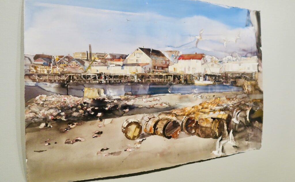 Lars Lerin. Ålands konstmuseum i Mariehamn. I bilden med motiv från Lofoten kan jag genom tavlan lukta mig till hav, fisk, sjöfåglar och lite regn i luften. 