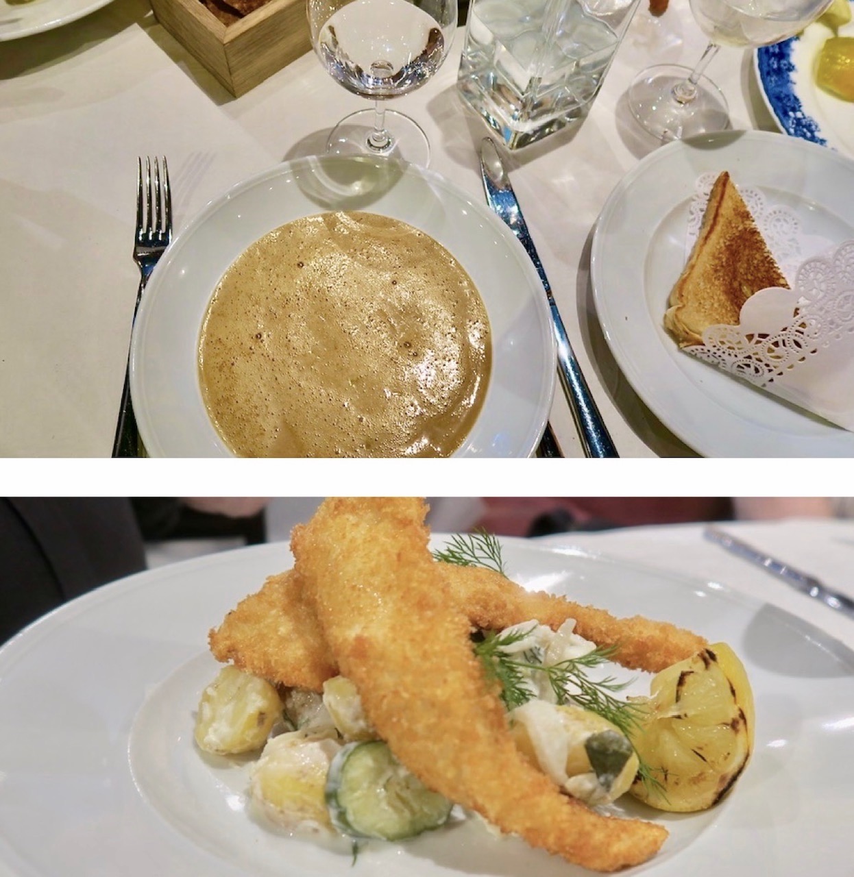 Stockholm. Restaurang Sturehof. En lunch som passade mig perfekt. Soppa gjord på havskräftor. Även den friterad hälleflundran såg god ut. 