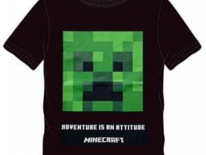 Minecraft T-shirt med teksten "Adventure is an Attitude" og Creeper-ansigt