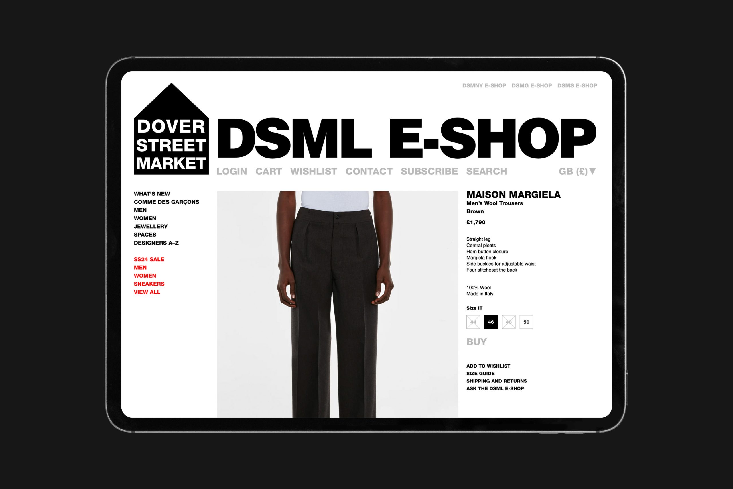 An iPad on a black background showing a webpage design for Dover Street Market