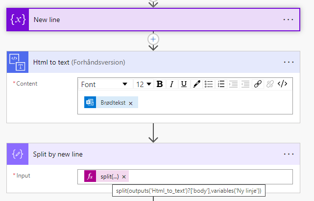 Tre trin i et Power Automate Flow, der formaterer HTML fra MS Booking til tekst og splitter teksten til et array