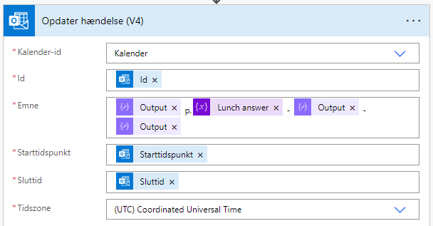 Opdatering af kalenderaftale fra MS Booking med inputs fra tidligere trin i Power Automate