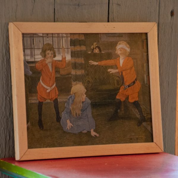 Vintage barntavla i träram med lekfullt motiv, 17,5 × 23 cm