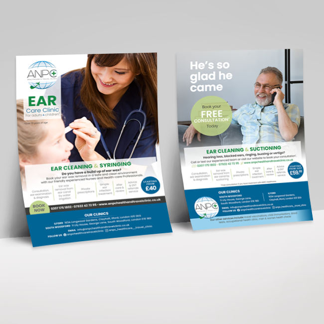 Ear care health flyer designs for ANPC Healthcare and Travel Clinic