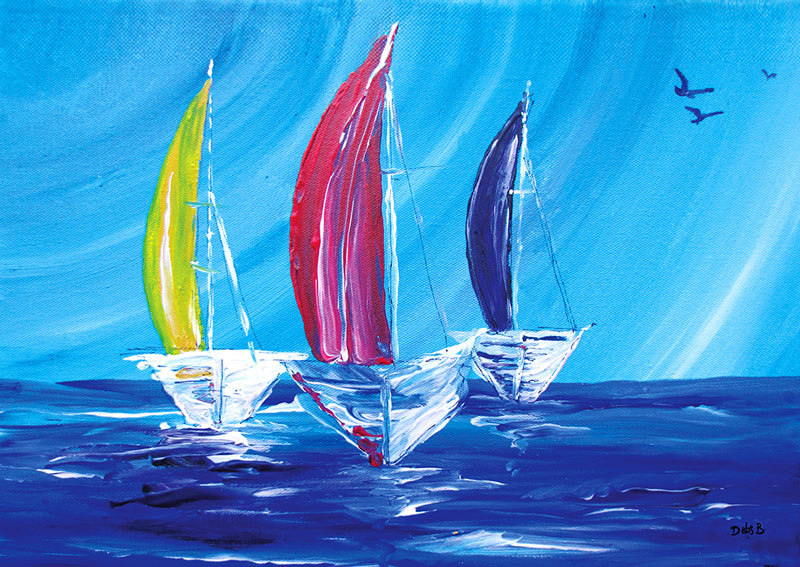 Acrylic painting of 3 boats on the water