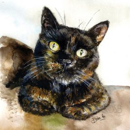 Watercolour of a black and brown cat looking at you