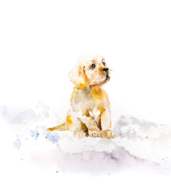Watercolour painting of a puppy in the snow