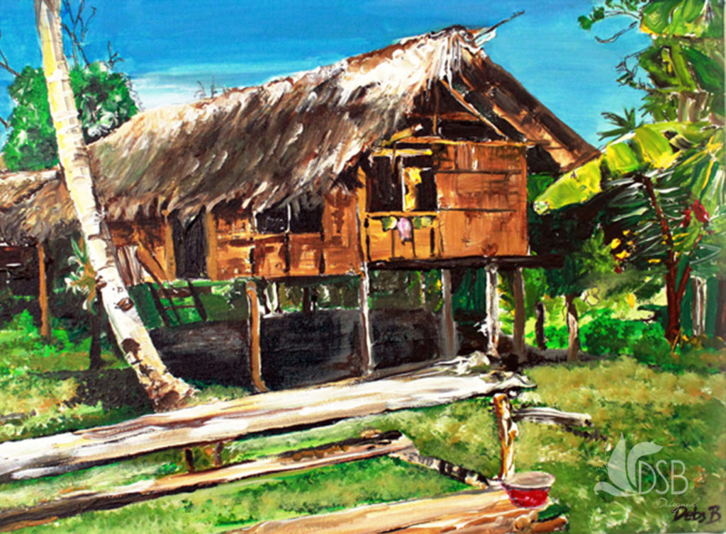 Acrylic painting of a Papua New Guinea village house