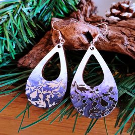 Purple and silver hand painted wooden earrings