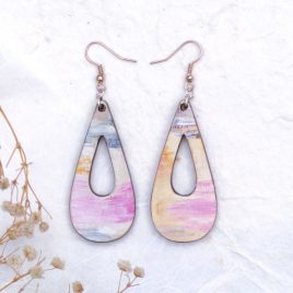 DSB Designed "Serenity" earrings. Pink, blue and cream brushstroke wooden earrings.