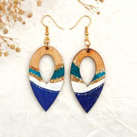 Stella's Stripes DSB Designed gold, blue and teal pear shaped drop hand painted earrings front.