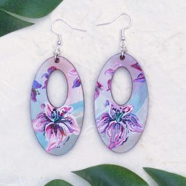 DSB Designed Pink Tiger Lily hand painted earrings in situ