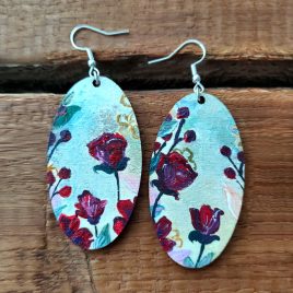 Hand painted floral earrings with red flowers