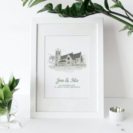 Wedding Venue digital drawing in frame on a table by DSB Designed.