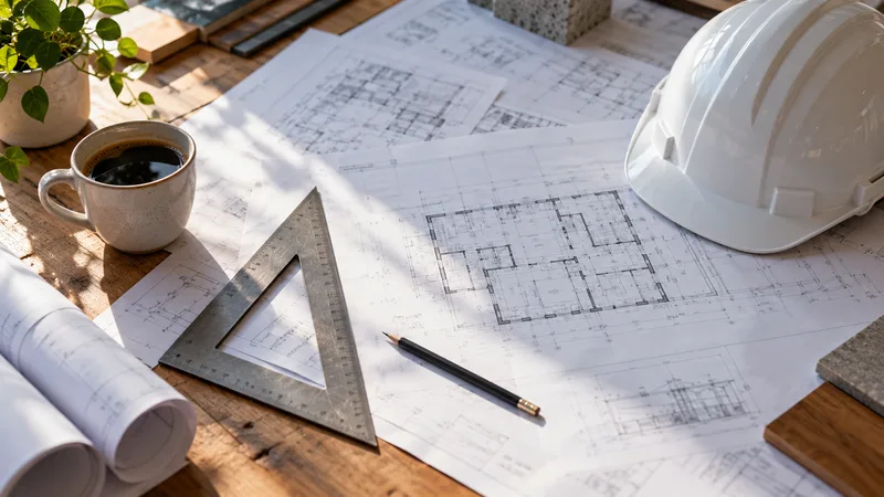 Imagen ilustrativa de planos técnicos desplegados sobre una mesa con casco de obra y escuadra.