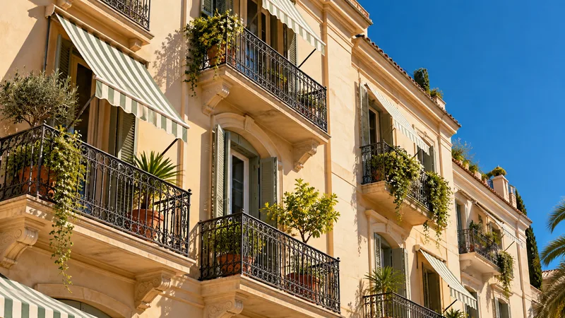 Imagen ilustrativa de la fachada de un edificio de viviendas mediterráneo con balcones y toldos.