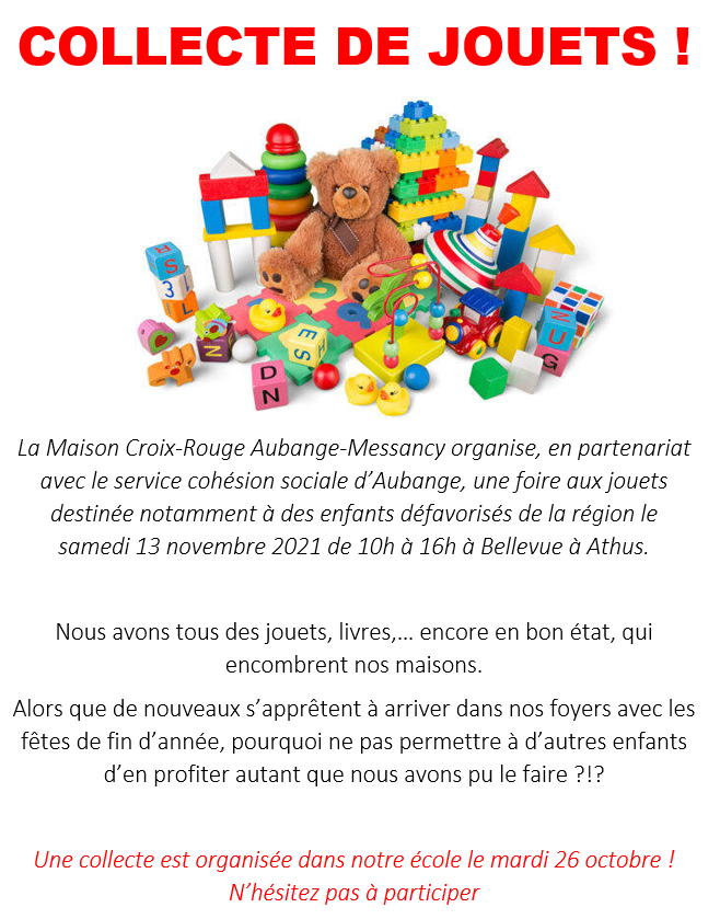 Collecte de jouets en bon état le 26/10 à l'école d'Aubange centre et Bikini