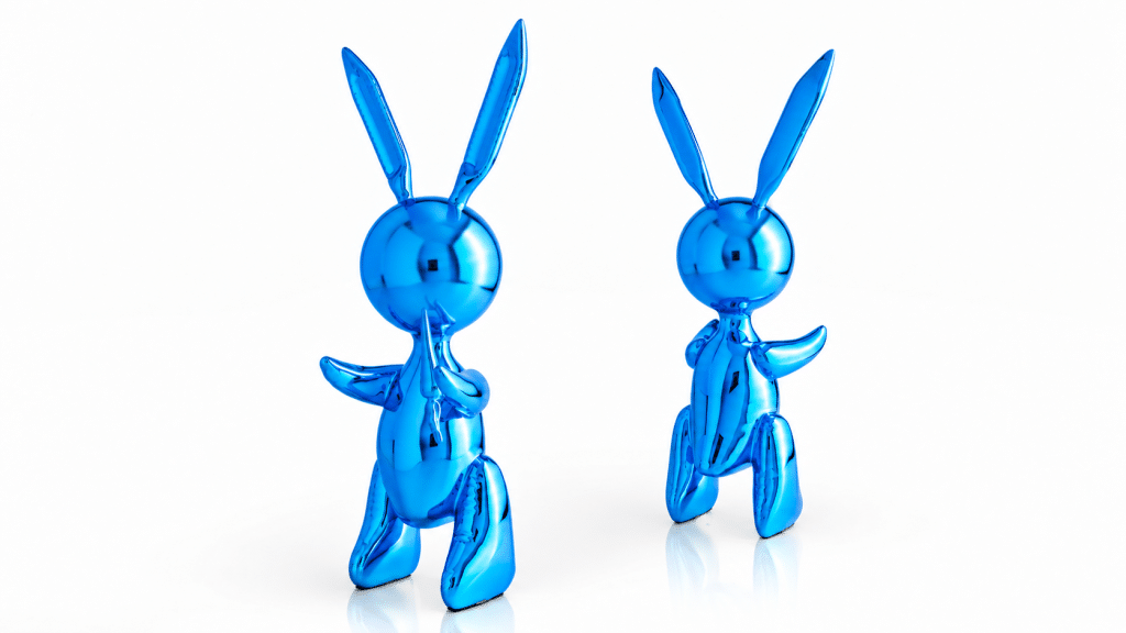 Two Balloon Rabbit XL sculptures in Blue, side by side