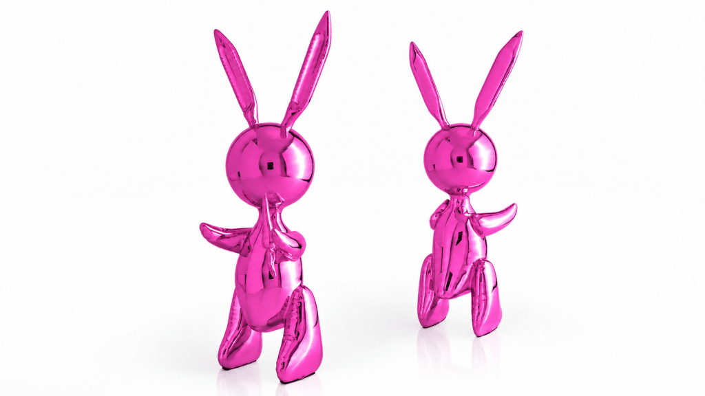 Two Balloon Rabbit XL sculptures in Pink, side by side