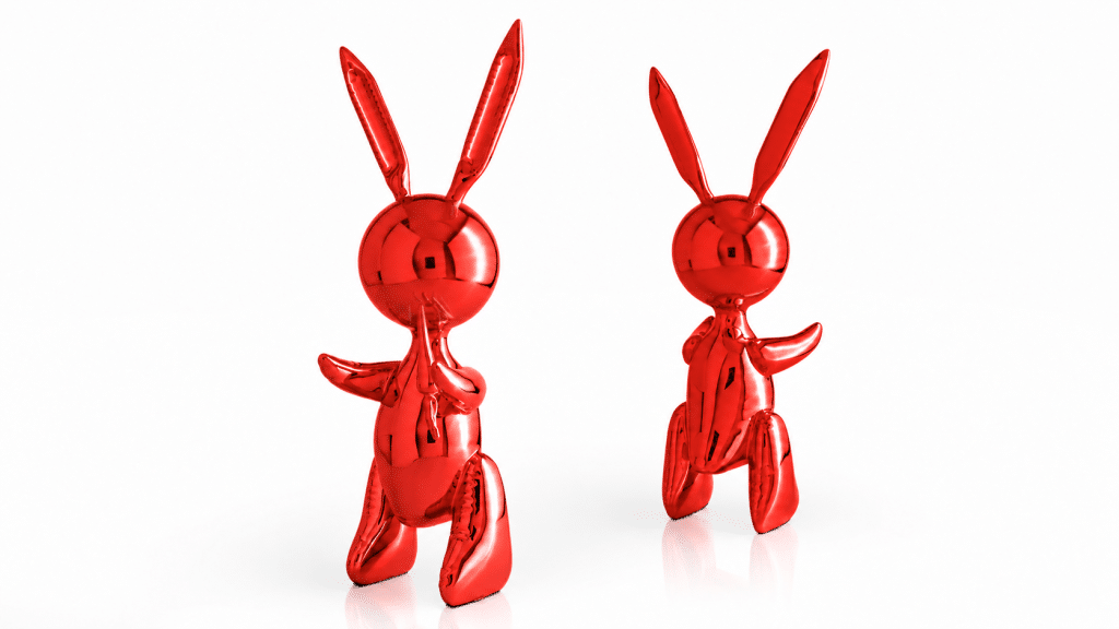 Two Balloon Rabbit XL sculptures in Red, side by side