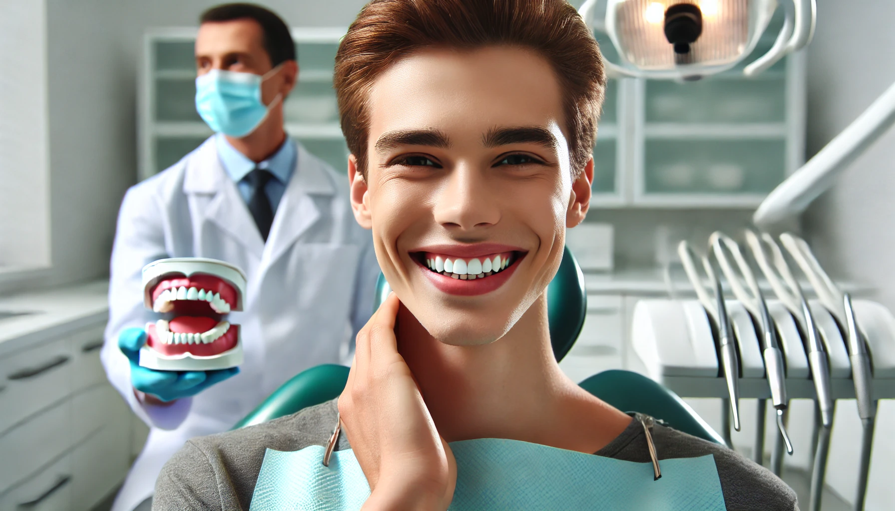 3 måter tannimplantat forbedrer livet ditt 1 En glad pasient i en tannklinikk viser sine sunne tenner etter en tannbehandling. Pasienten smiler selvsikkert, uten tekst eller ord i bildet