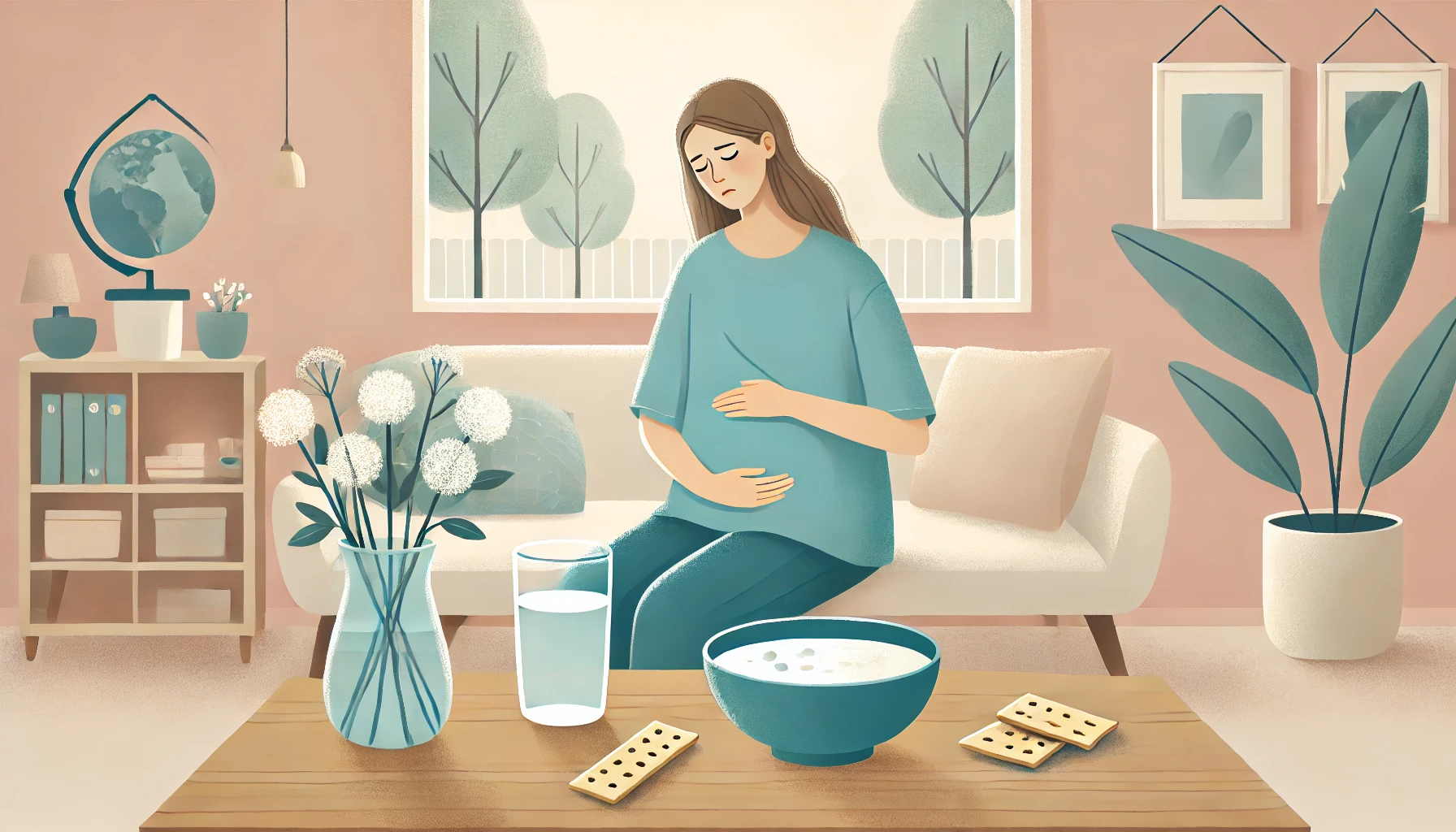 Gode Råd mot Svangerskapskvalme 9 En rolig illustrasjon av en gravid kvinne som opplever kvalme, med en bolle med kjeks og et glass vann i bakgrunnen."