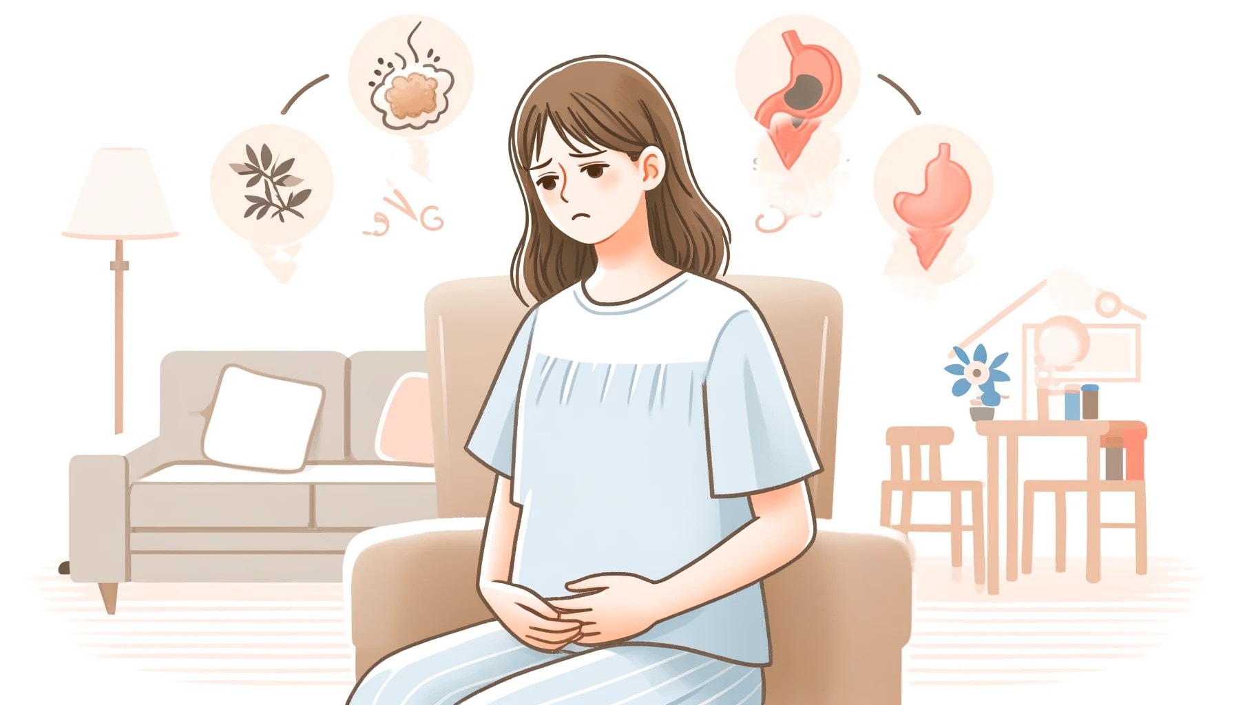 Gode Råd mot Svangerskapskvalme 7 Illustrasjon av en gravid kvinne som opplever kvalme, ser blek og ukomfortabel ut i en hjemmemiljø med subtile utløser."