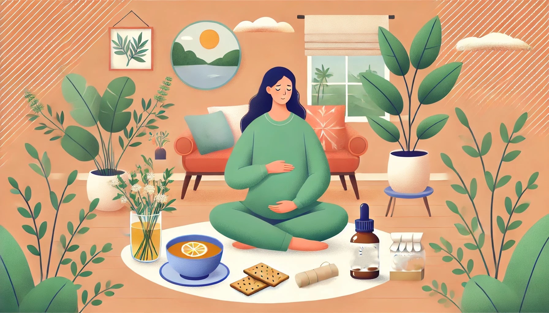 Gode Råd mot Svangerskapskvalme 8 En fredelig illustrasjon av en gravid kvinne som mottar behandling for morgenkvalme med ingefærte, kjeks og essensielle oljer i bakgrunnen."