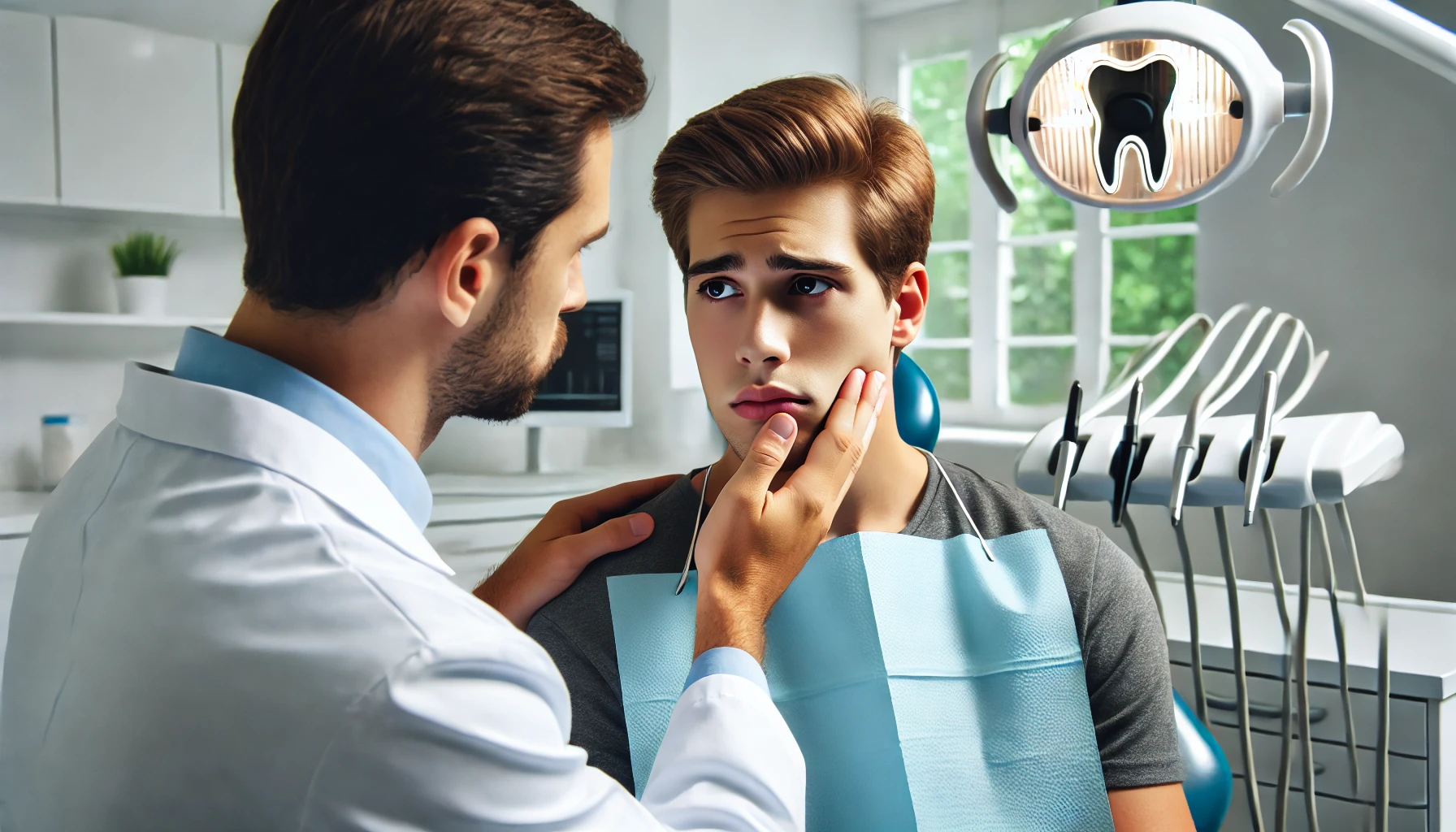 Opplever du sterke smerter etter rotfylling? Slik kan du lindre dem 5 Pasient i moderne tannklinikk som diskuterer smerter etter rotfylling med tannlege, med fokus på omsorg og profesjonell vurdering."