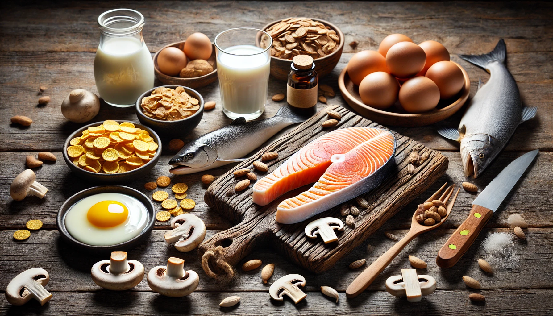D-vitamin Mangel: Slik Gjenkjenner Du Tegnene! 3 Stilleben av matvarer rik på vitamin D, inkludert laks og melk."