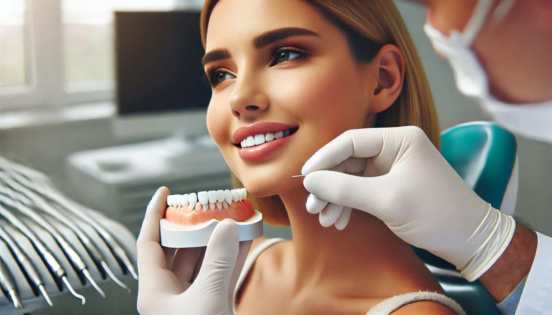 Elevate your smile with customized veneers teeth designed just for you 13 Dentist applying porcelain veneers to a patient's teeth in a clean, professional clinic, highlighting a natural and flawless smile."