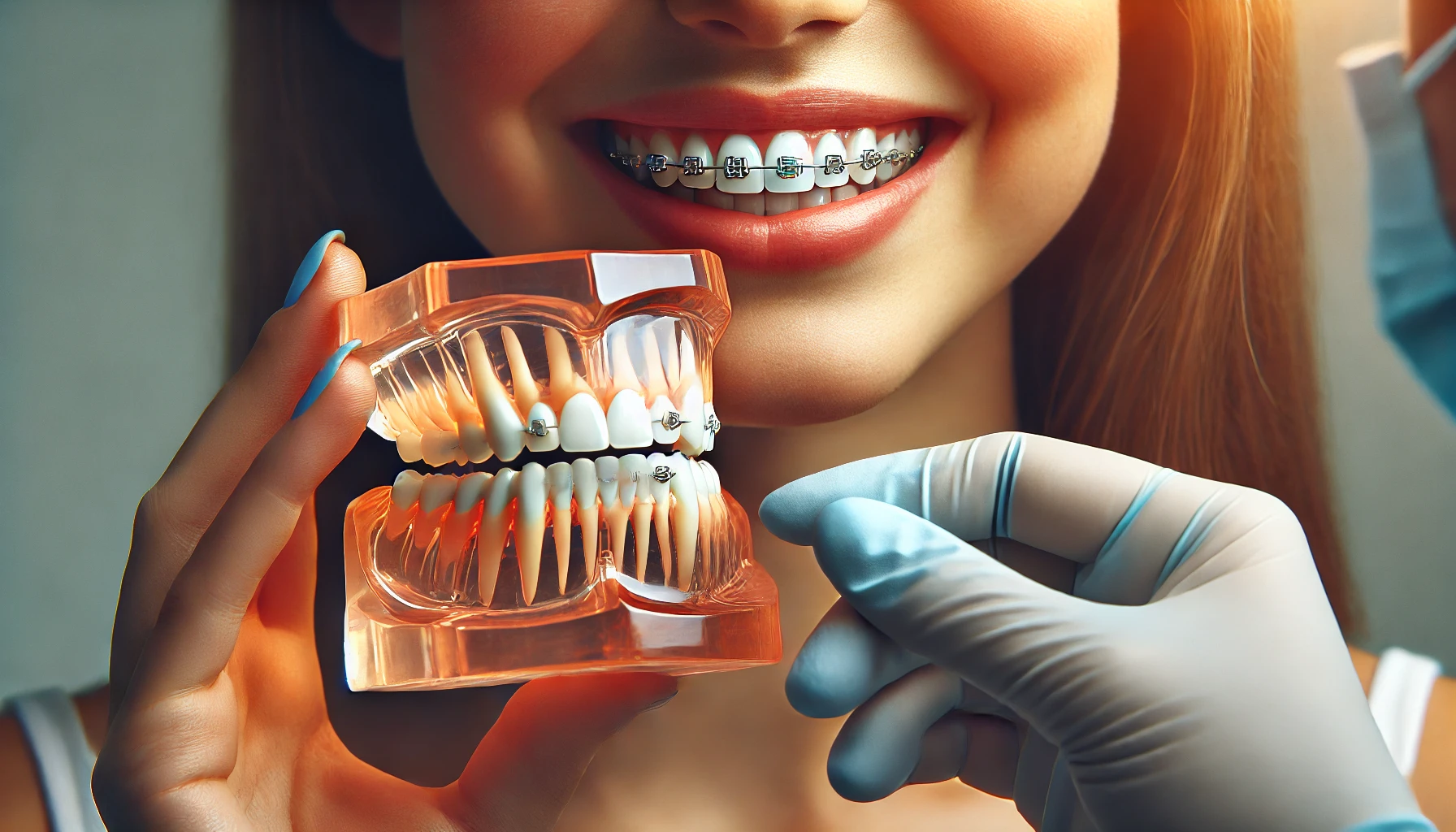 Transform your smile with personalized orthodontics 17 "Close-up of a patient receiving a personalized orthodontic consultation, with the orthodontist showing a dental model for treatment options."