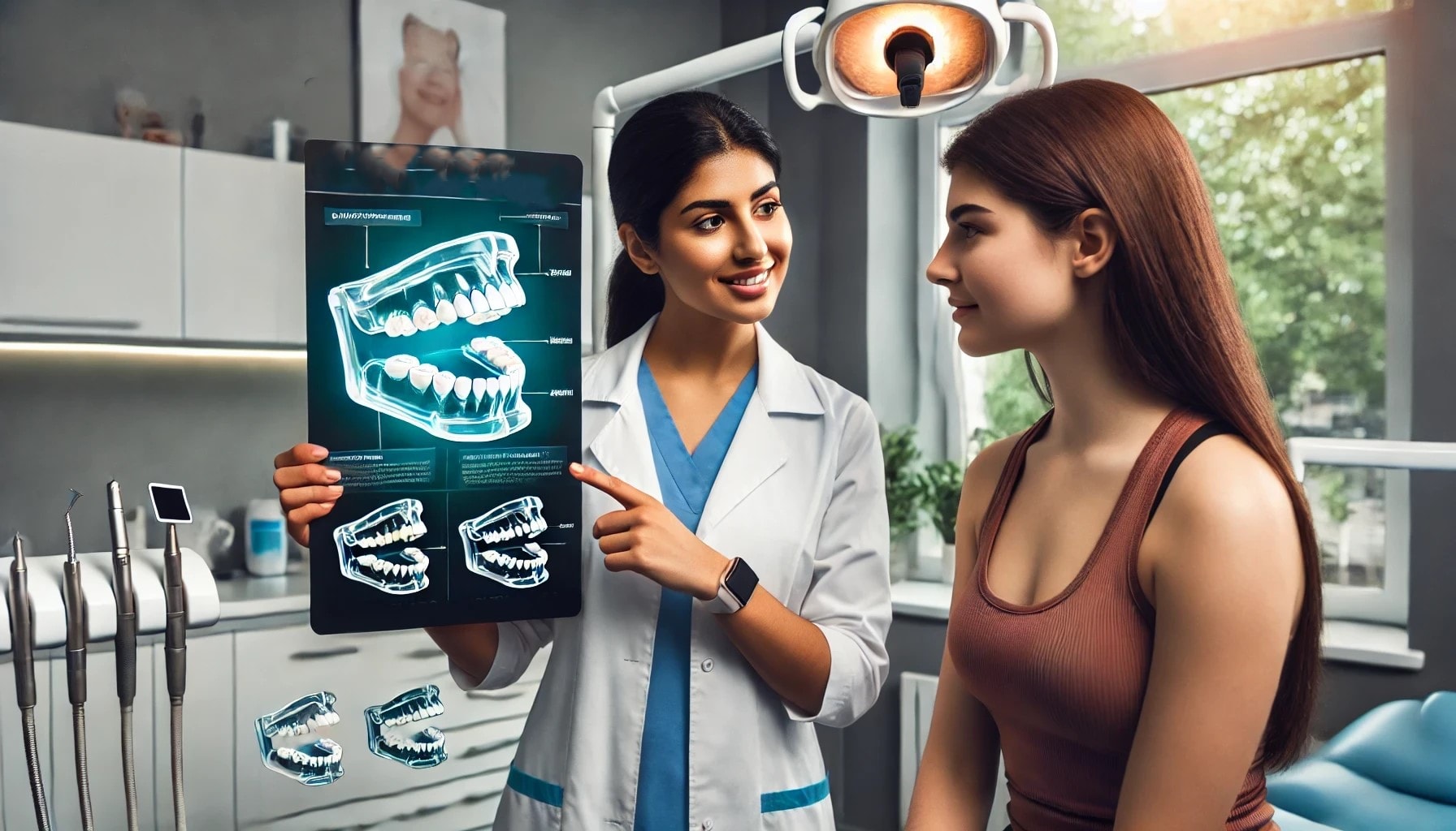 Protect your smile with custom-fit mouth guards 13 Dentist lady showing a custom mouth guard to an athlete, emphasizing protection in a dental clinic."