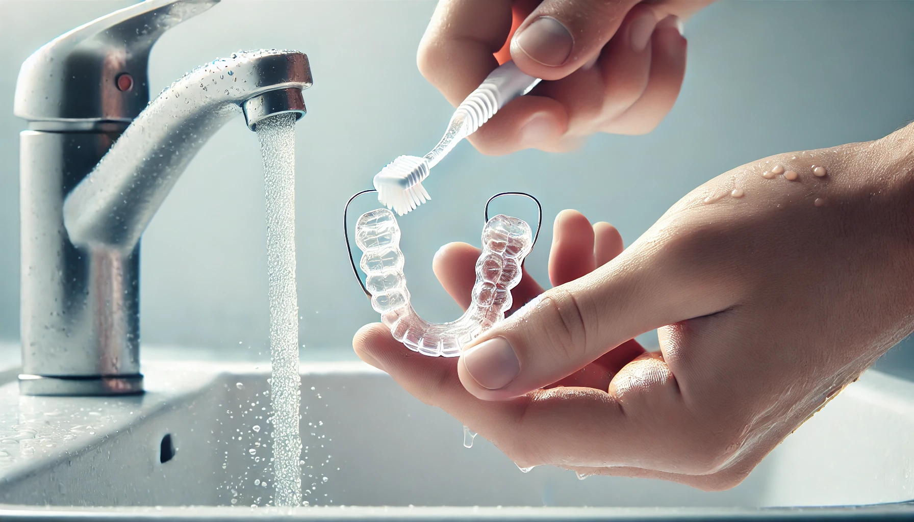 A person cleaning a clear dental retainer with a soft toothbrush under running water, emphasizing proper hygiene and retainer care.