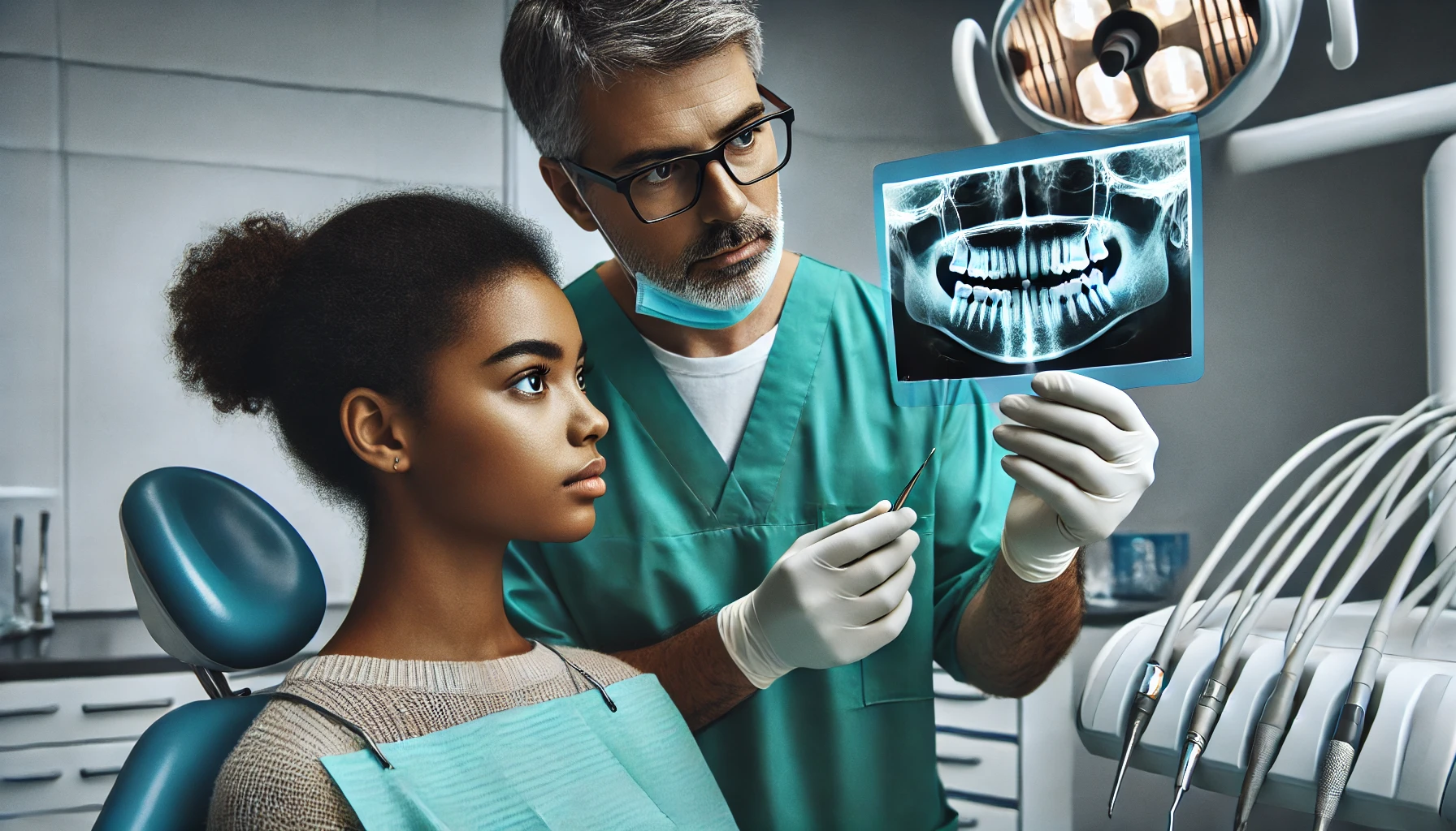 Dentist showing an X-ray to a patient during a tooth extraction consultation in a clinic."