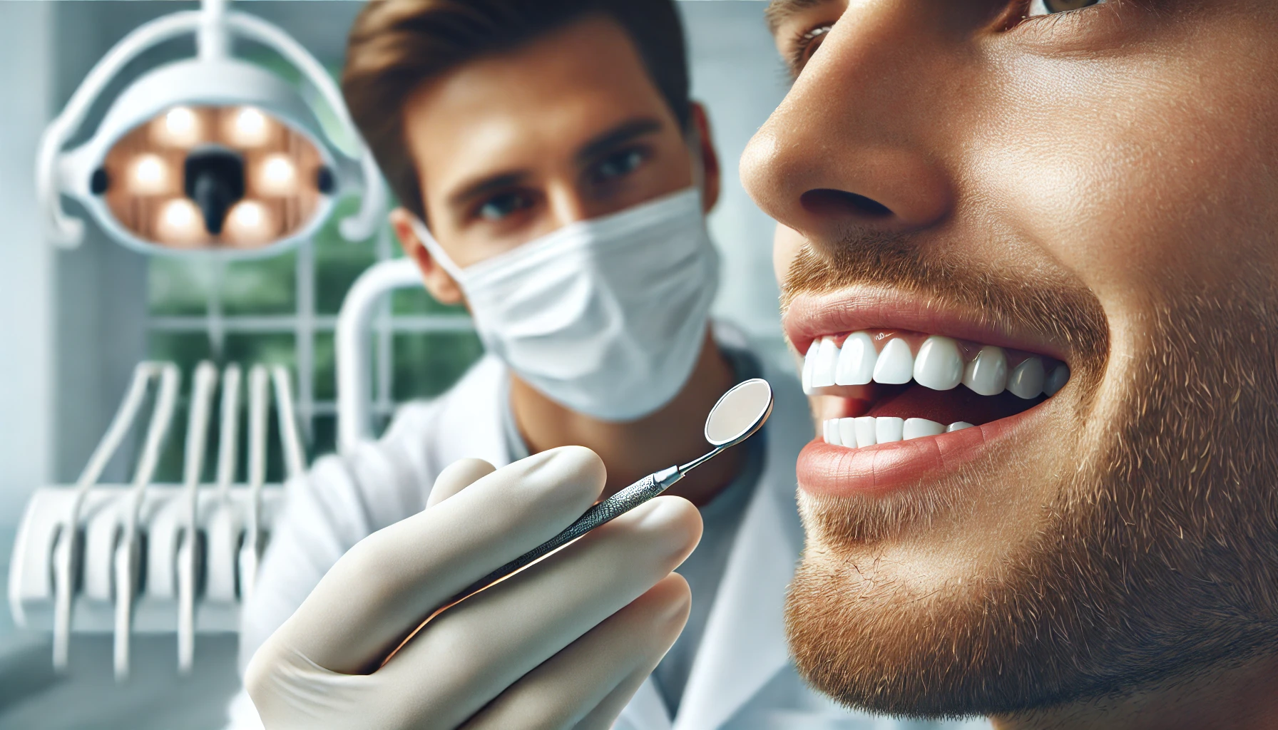 "A dentist examining a patient's teeth for signs of bruxism in a clean, modern dental clinic, focusing on identifying tooth wear."