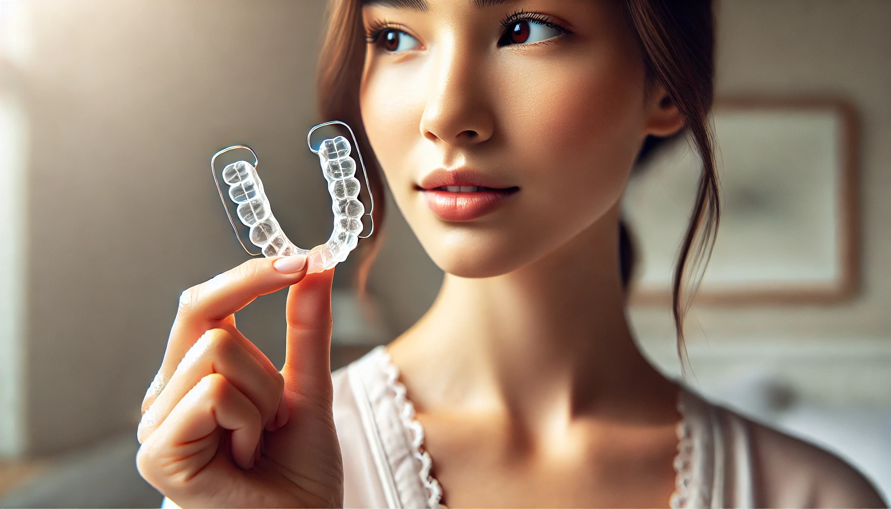 A person holding clear retainers thoughtfully, highlighting the consideration of how long to wear them for effective dental care."