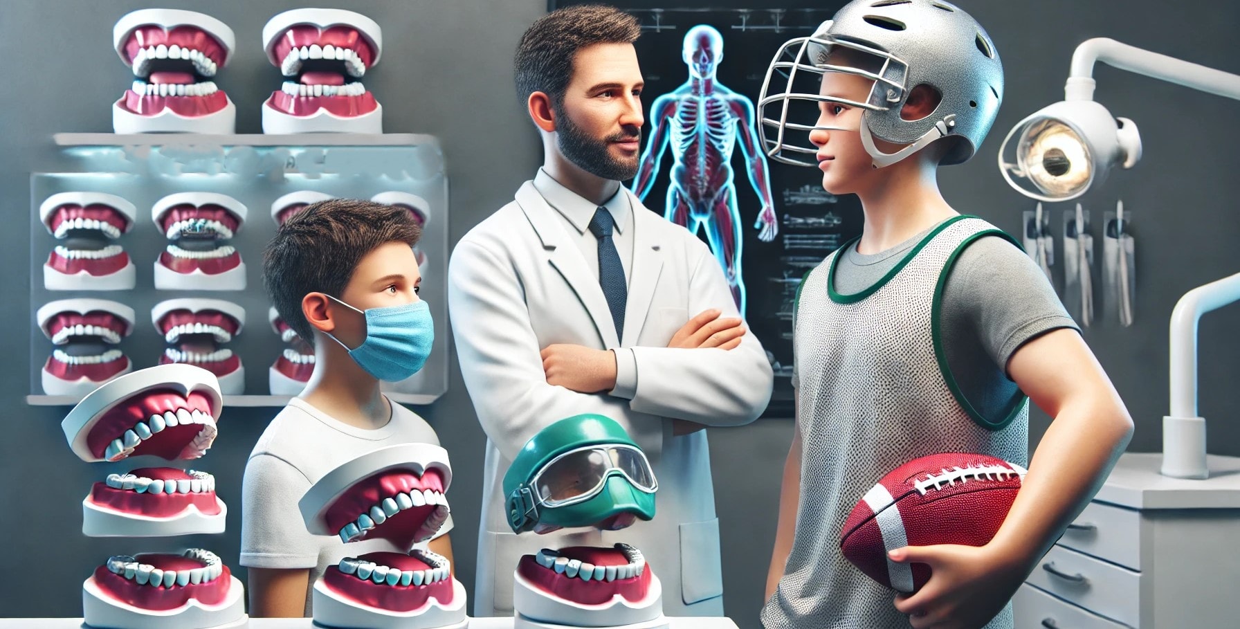 Dentist explaining mouth guard protection to an athlete and a patient, emphasizing its importance for sports and sleep."