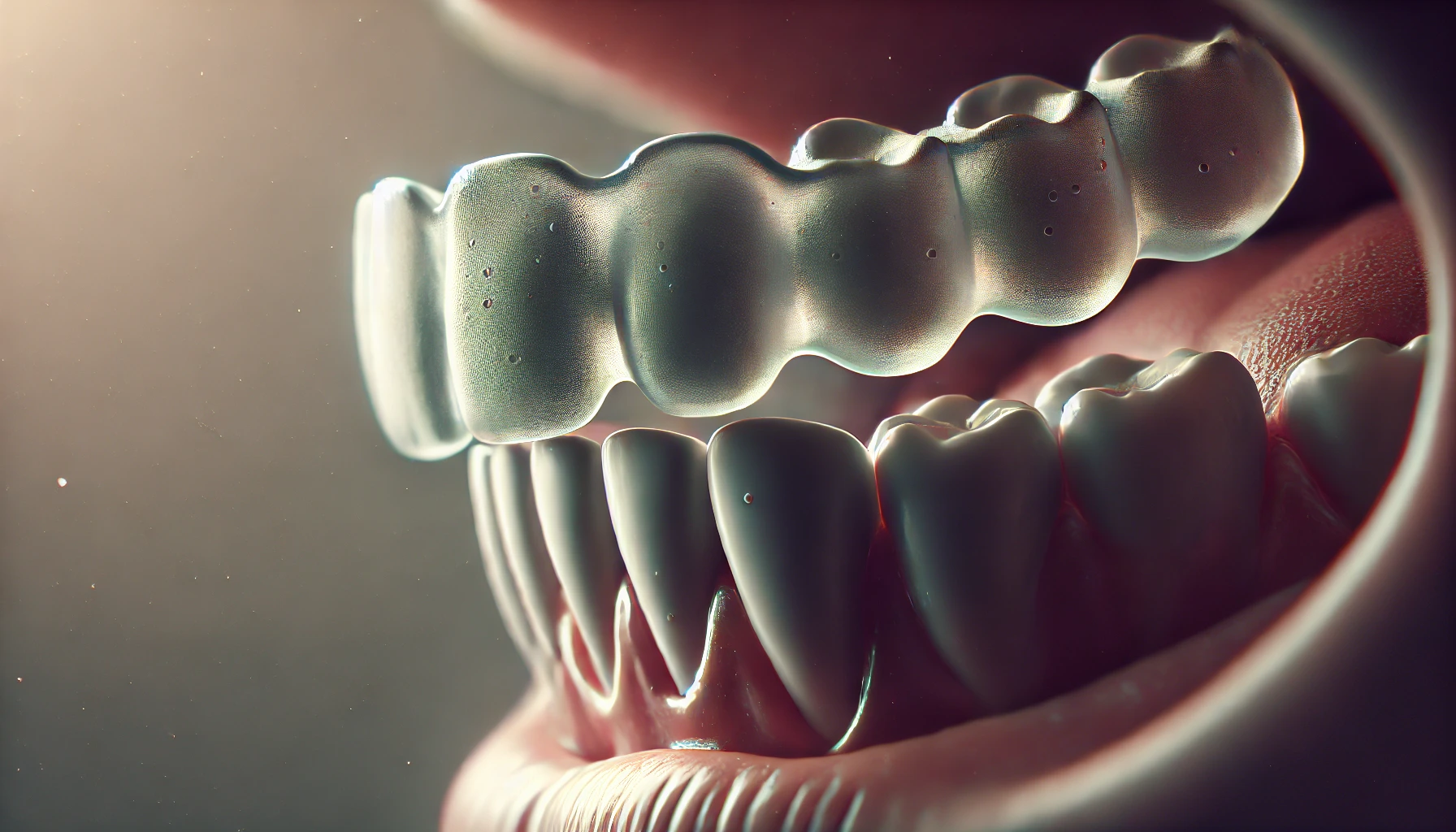 "Detailed image of a night guard on teeth, illustrating its snug fit and protective role in preventing damage from teeth grinding."