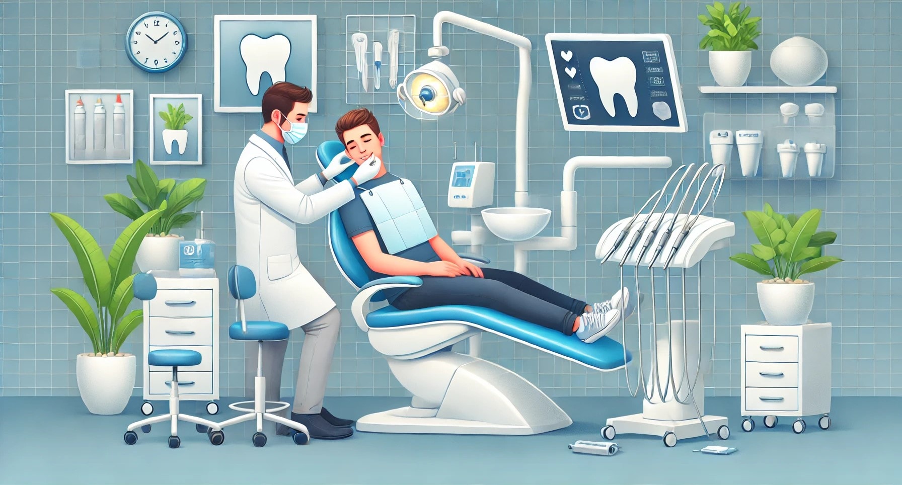 A dental scene showing a dentist preparing a relaxed patient for sedation, illustrating the process of sedation dentistry.