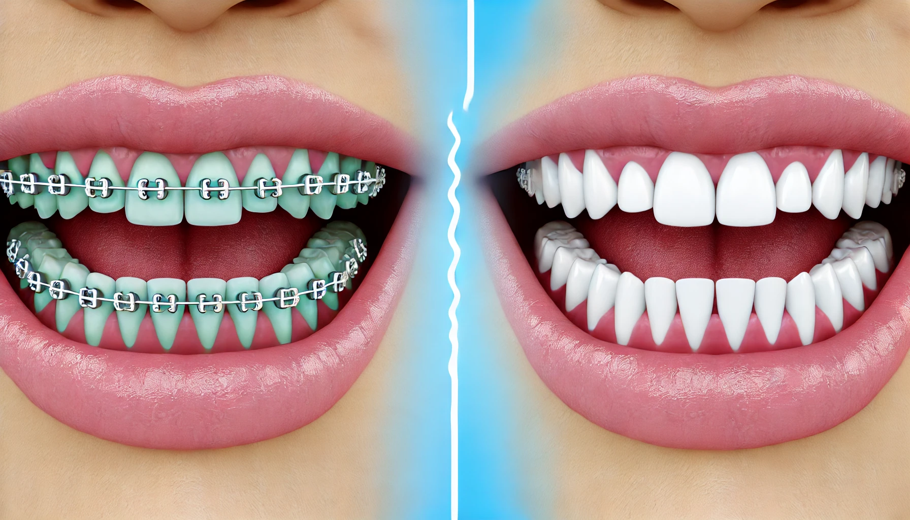 "Illustration of teeth before and after orthodontic treatment, showcasing the transformation from crooked to straight teeth and improved smile."