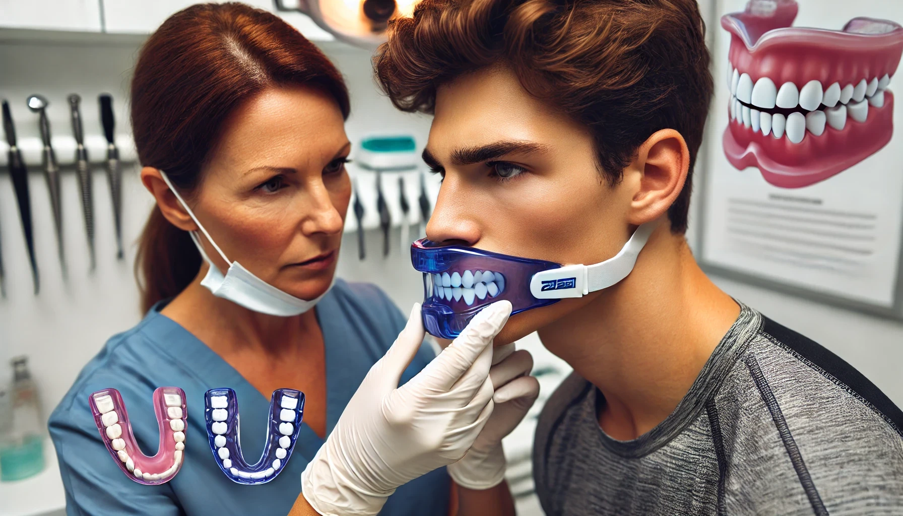 Dentist fitting a custom mouth guard on an athlete in a modern clinic, highlighting dental protection during sports."