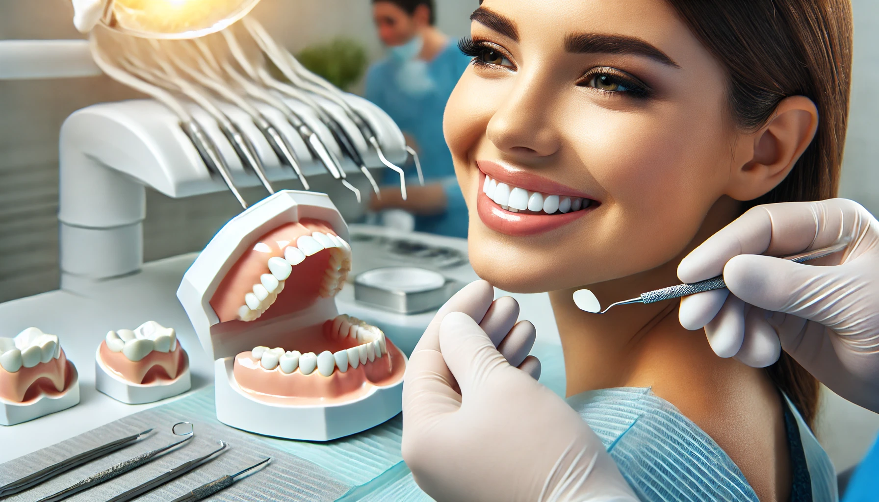 Elevate your smile with customized veneers teeth designed just for you 1 Dentist adjusting porcelain veneers on a patient’s teeth in a modern, clean clinic, highlighting a flawless, bright smile."