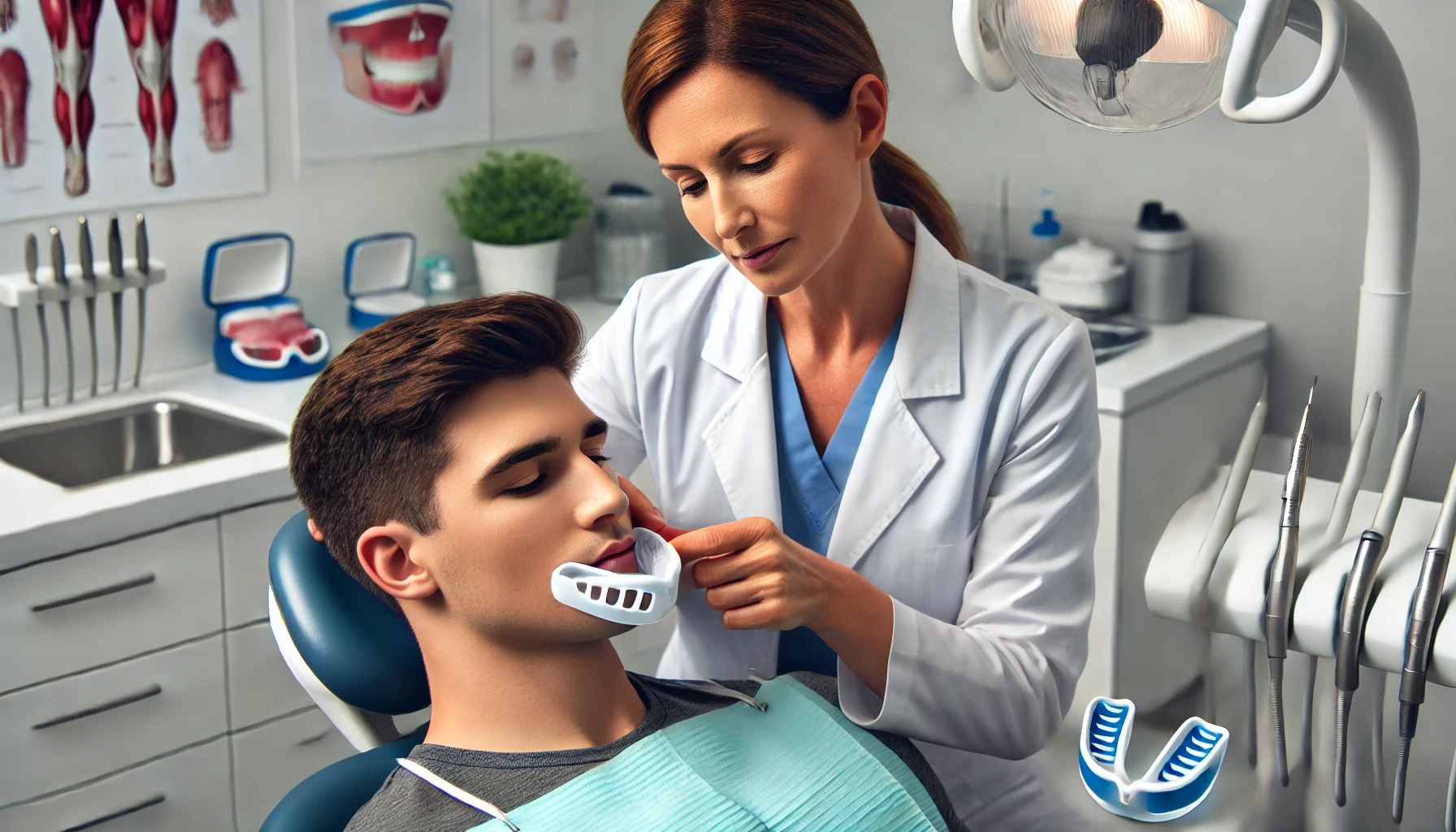 Protect your smile with custom-fit mouth guards 16 Dentist fitting a custom mouthguard for a young patient in a modern clinic, highlighting precision and comfort."