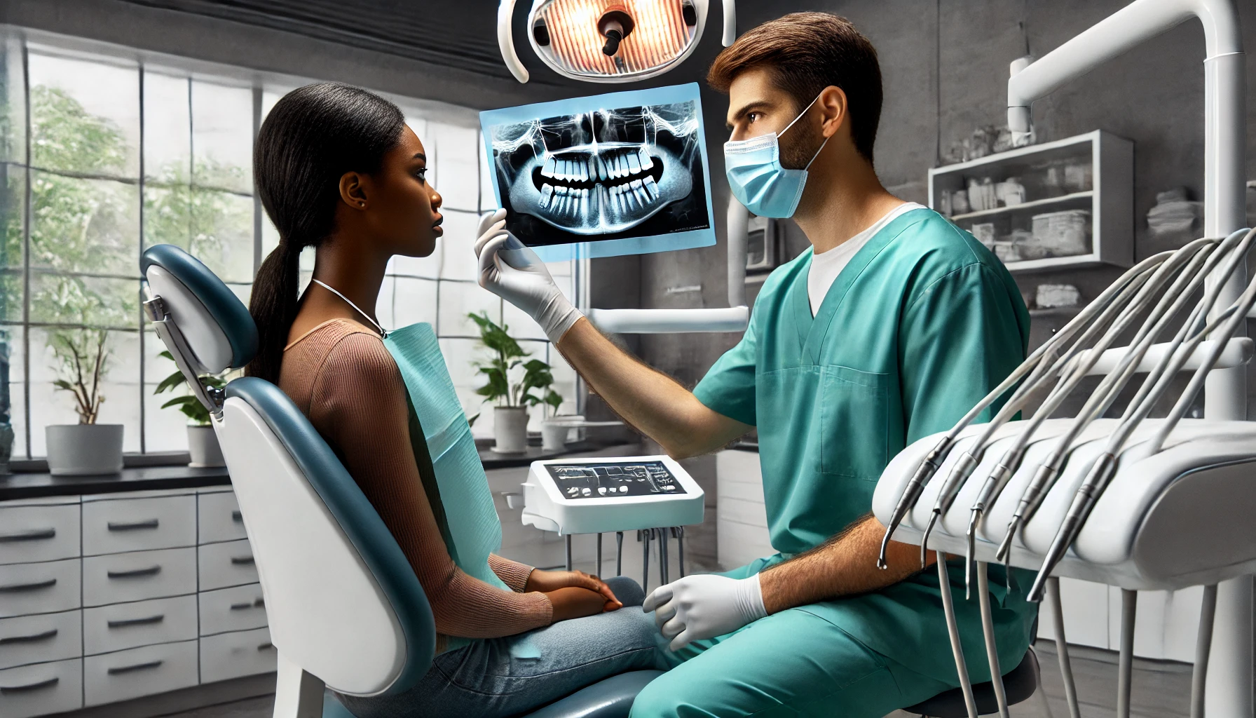 Tooth extractions: Quick and comfortable 1 Dentist showing an X-ray to a patient during a tooth extraction consultation in a clinic."